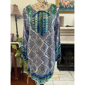Umgee Women's Dress Size‎ Large Blue Geometric Bohemian Hippie Cotton Blend
